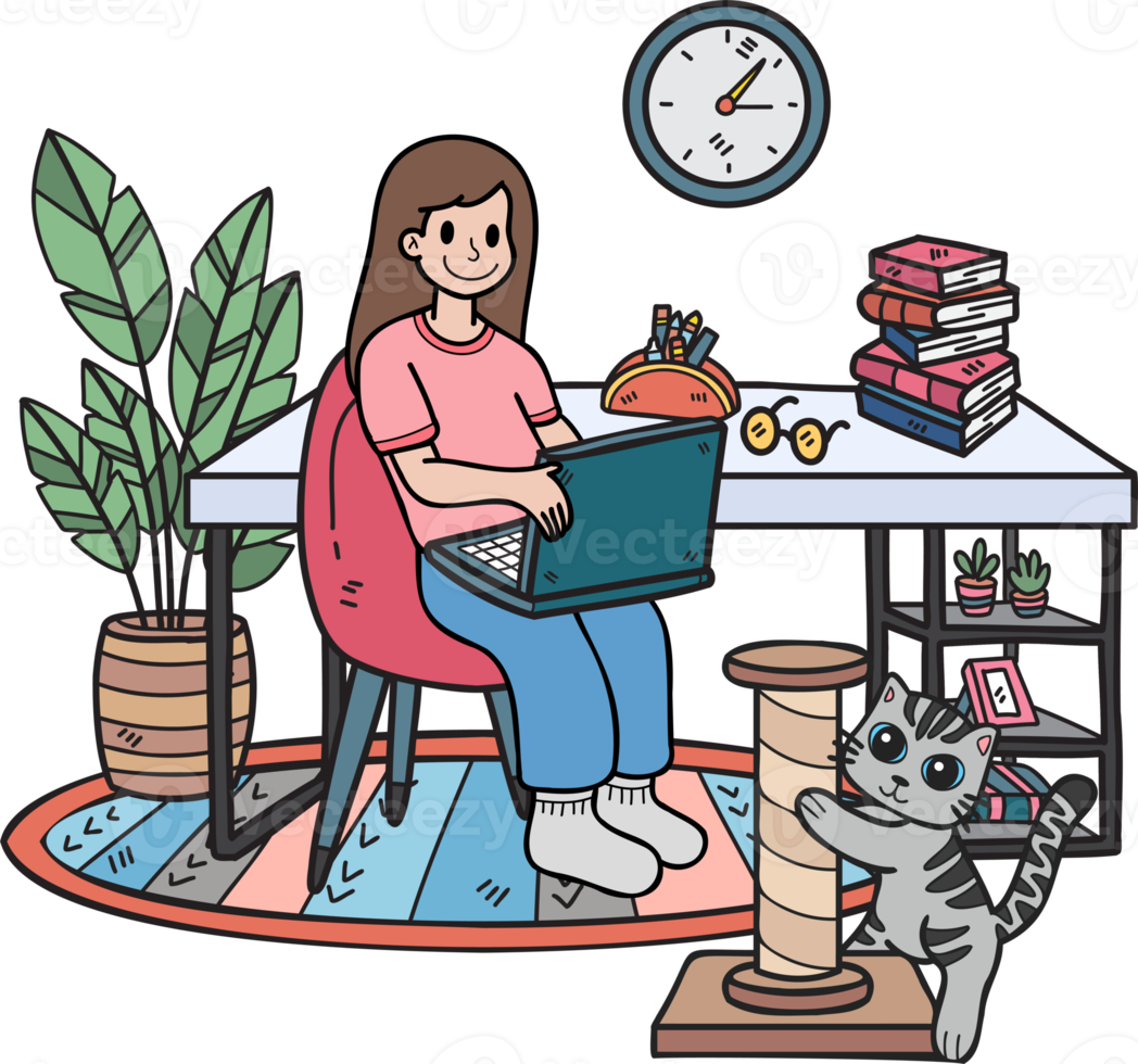 Hand Drawn Woman working on laptop with cat in office illustration in doodle style png