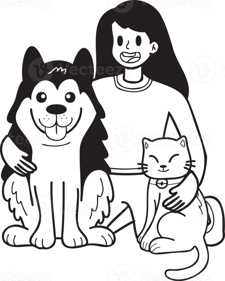 Hand Drawn husky Dog with cat and owner illustration in doodle style png