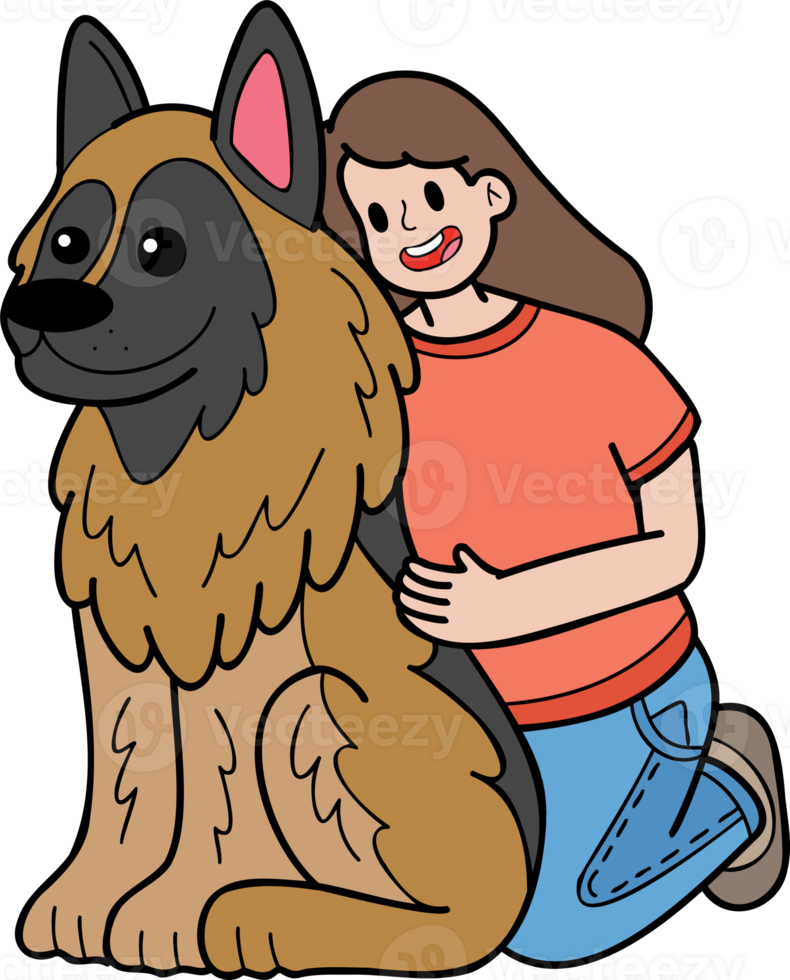 cão pastor alemão desenhado à mão abraçado pela ilustração do proprietário no estilo doodle png