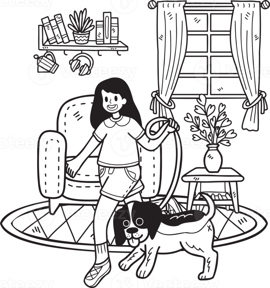 Hand Drawn The owner plays with the dog in the room illustration in doodle style png