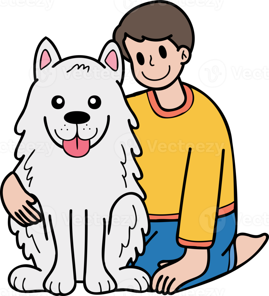 proprietário desenhado à mão abraça ilustração de cachorro samoiedo em estilo doodle png