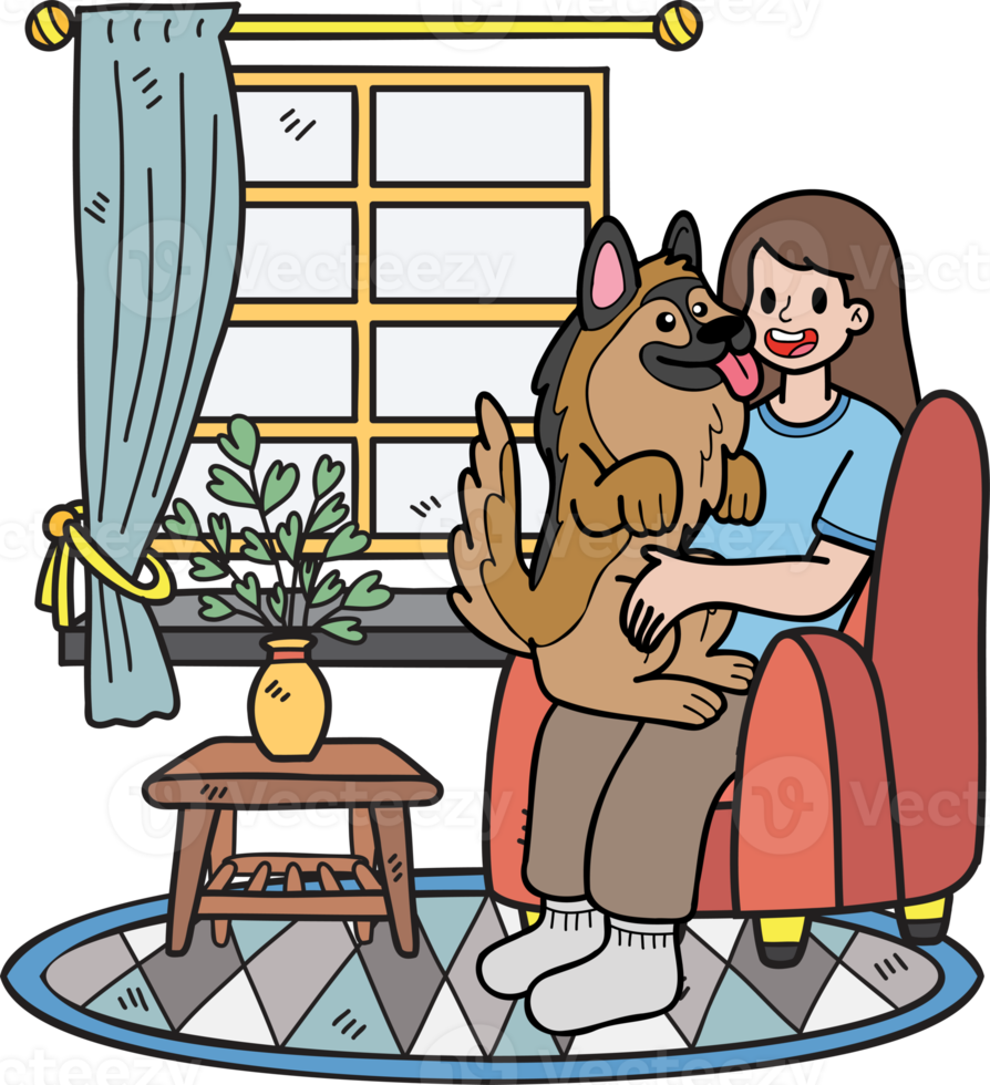 mão desenhada o dono abraçou o cachorro na sala ilustração no estilo doodle png