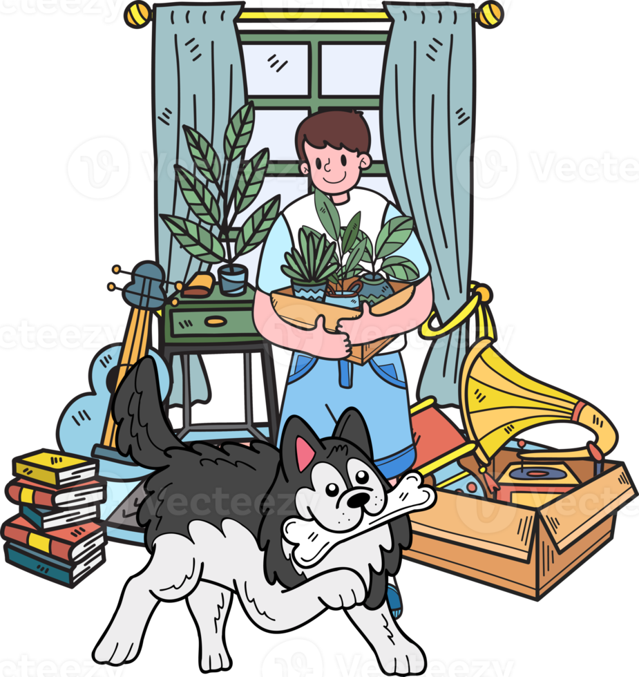 propriétaire dessiné à la main et chien husky emménageant dans une nouvelle illustration de maison dans un style doodle png