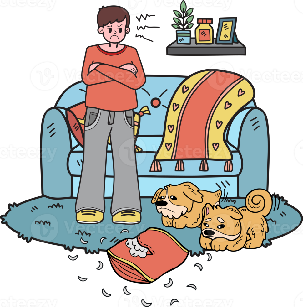 Hand Drawn owner is angry dog messed up the room illustration in doodle style png