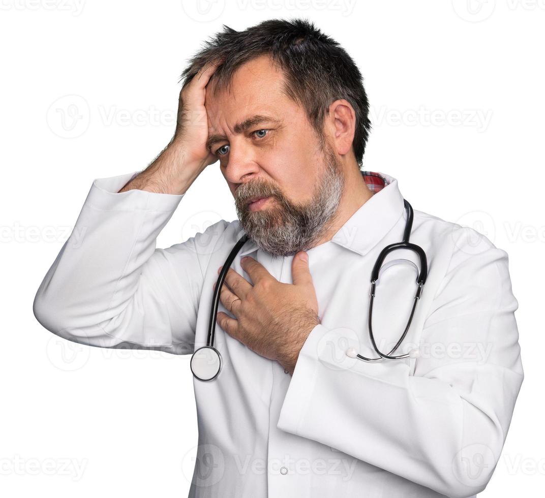 Thoughtful doctor isolated on white photo