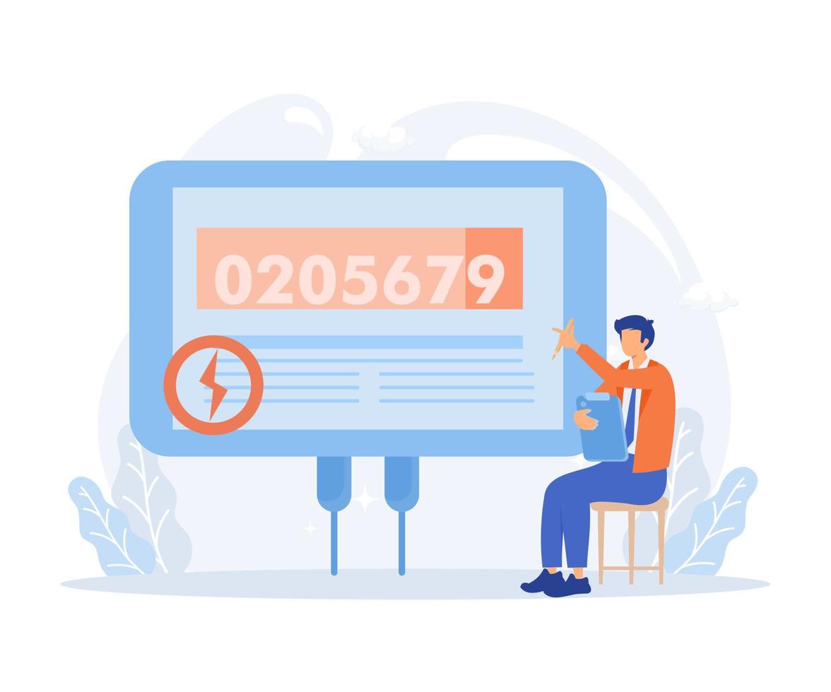 Sustainability illustration. Characters monitoring private electricity and central heating meter and calculating household utility bill. flat vector modern illustration