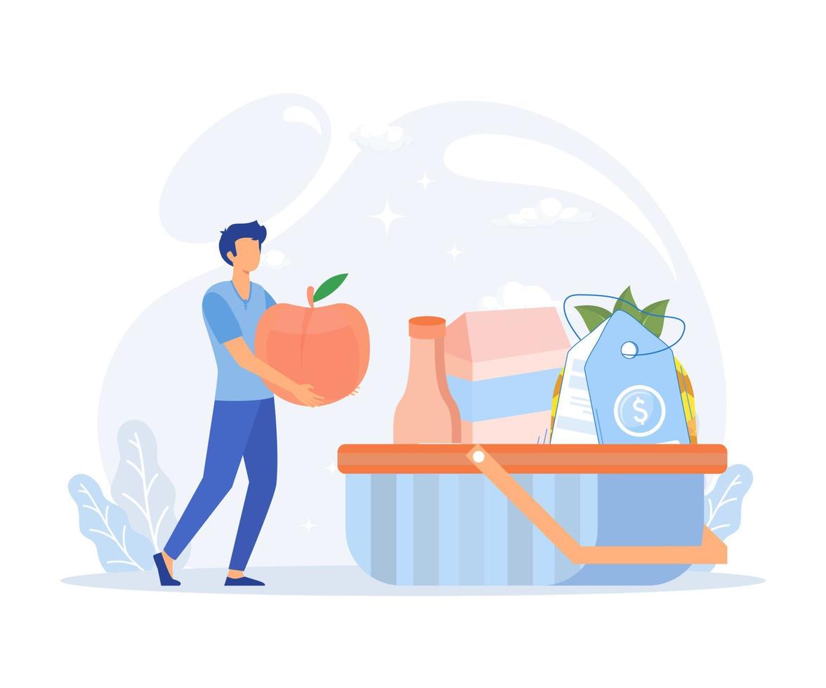 Grocery store illustration. Character buying in supermarket and online fresh organic vegetables and other groceries and putting in bag or basket.Flat vector modern illustration