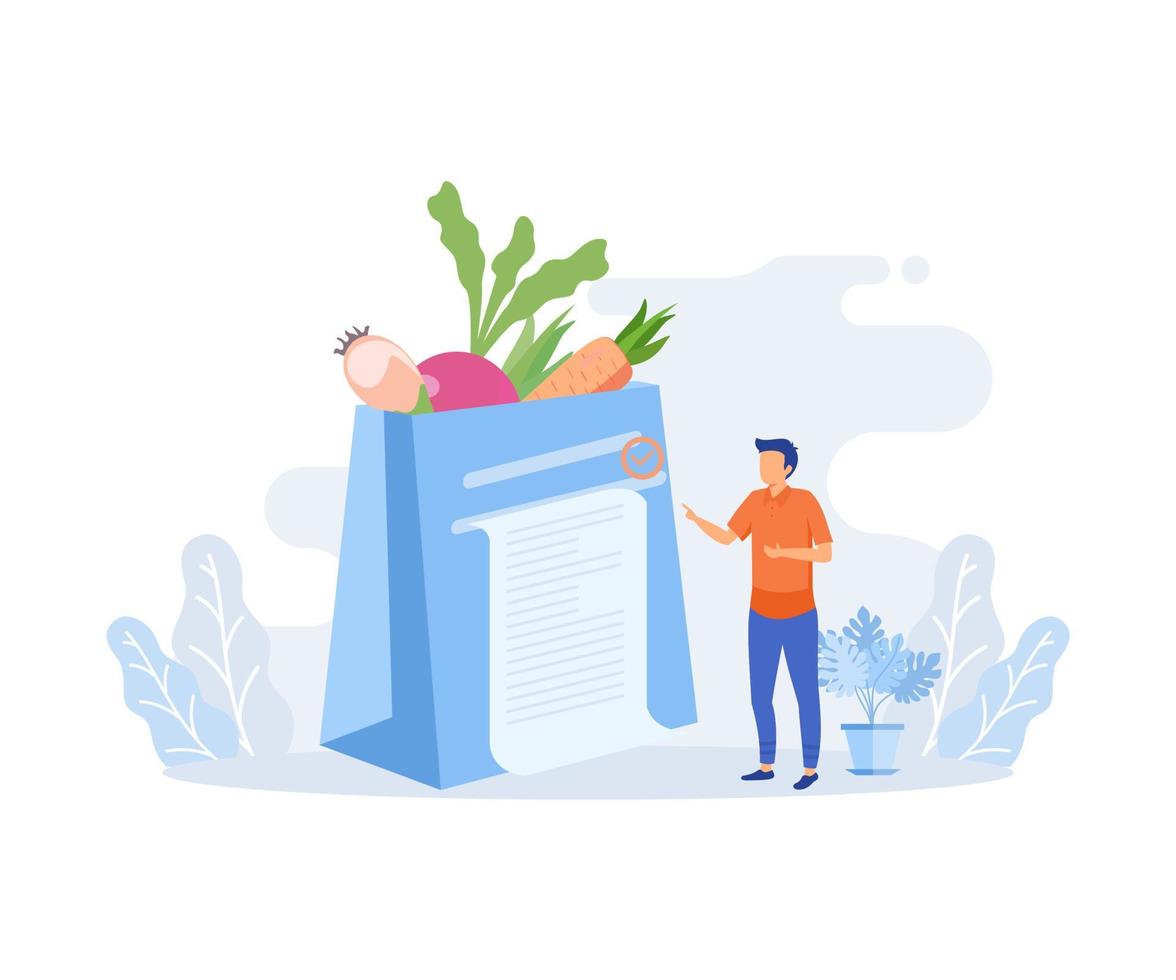 ilustración de envío de comestibles. personaje comprando verduras orgánicas frescas en línea, pagando un pedido y recibiendo comestibles entregados. ilustración moderna de vector plano