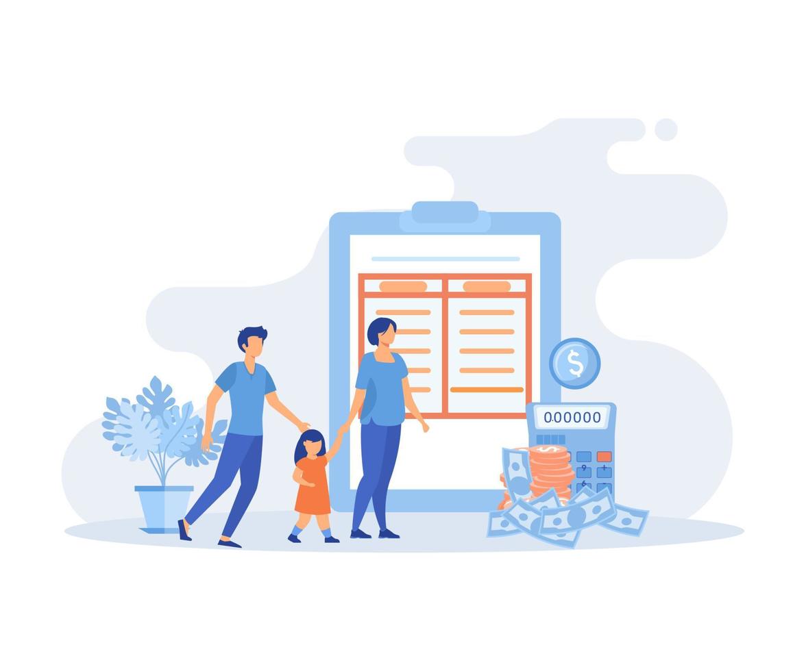 Family income.  Characters planning and bookkeeping budget and household spending. People making savings in piggy bank. Flat vector modern illustration