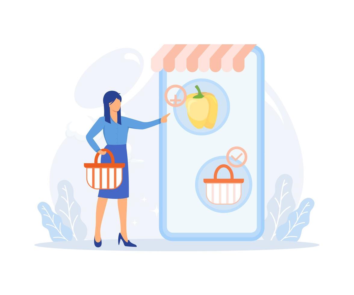 Grocery food illustration. Character buying online fresh organic vegetables and other groceries, paying for an order and receiving delivery. Flat vector modern illustration