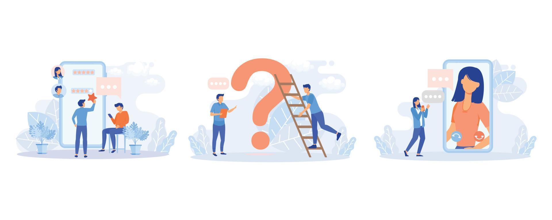 Customer support illustration. Characters asking a questions, receiving answers from helpdesk operator, sharing user experience and giving customer feedback. flat vector modern illustration