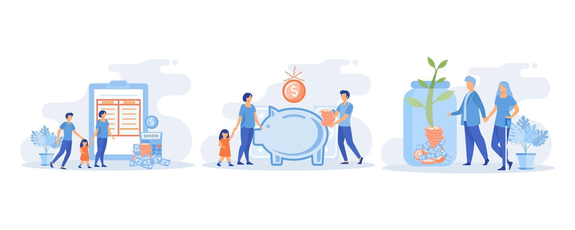 Family income. Characters planning and bookkeeping budget and household spending. People making savings in piggy bank. flat vector modern illustration