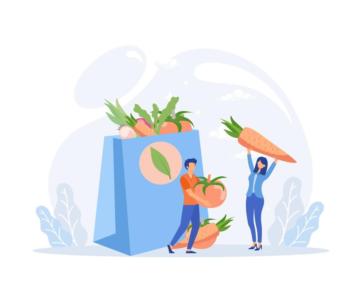 Grocery store illustration. Character buying in supermarket and online fresh organic vegetables and other groceries and putting in bag or basket.Flat vector modern illustration