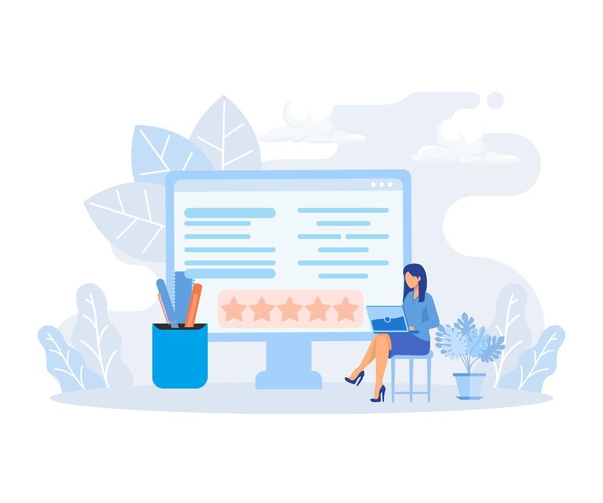 Various Online Survey and Rating Icons. Characters Filling Survey Form, putting Check Marks on Checklist and giving Five Star Feedback. User Experiences Concept. flat vector modern illustration