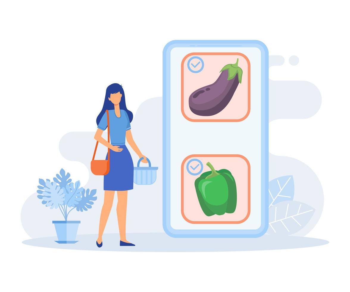 Grocery shipping illustration. Character buying online fresh organic vegetables, paying for an order and getting groceries delivered. flat vector modern illustration