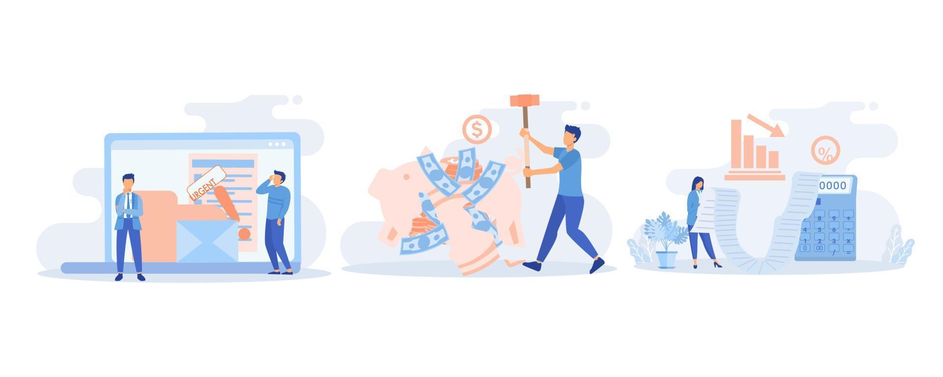 Debt and loan. Characters having financial problems. People calculating long bill, reading urgent letter from collection agency and using savings to pay off debt. flat vector modern illustration
