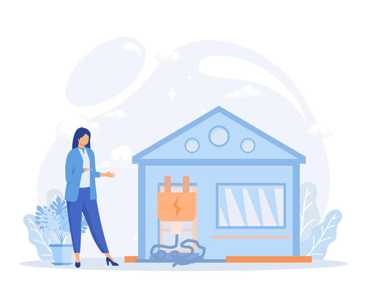 ilustración de sostenibilidad. consumo de energía en el hogar. personajes usando dispositivos de bajo consumo, pagando menos y ahorrando dinero. ilustración moderna de vector plano