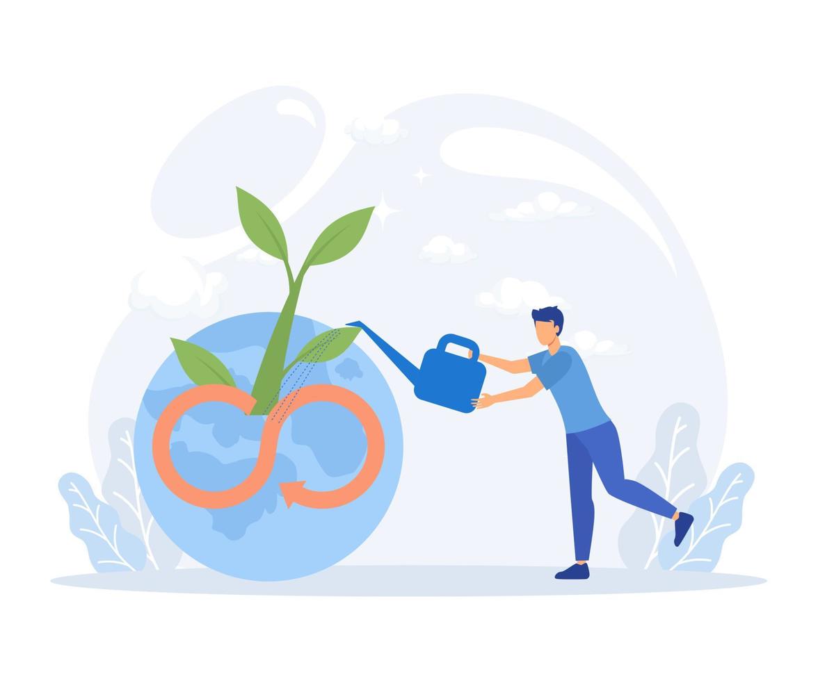 Circular economy illustration. Sustainable economic growth, recourses reuse and reduce co2 emission and climate impact. ESG, green energy and industry concept. Flat vector modern illustration