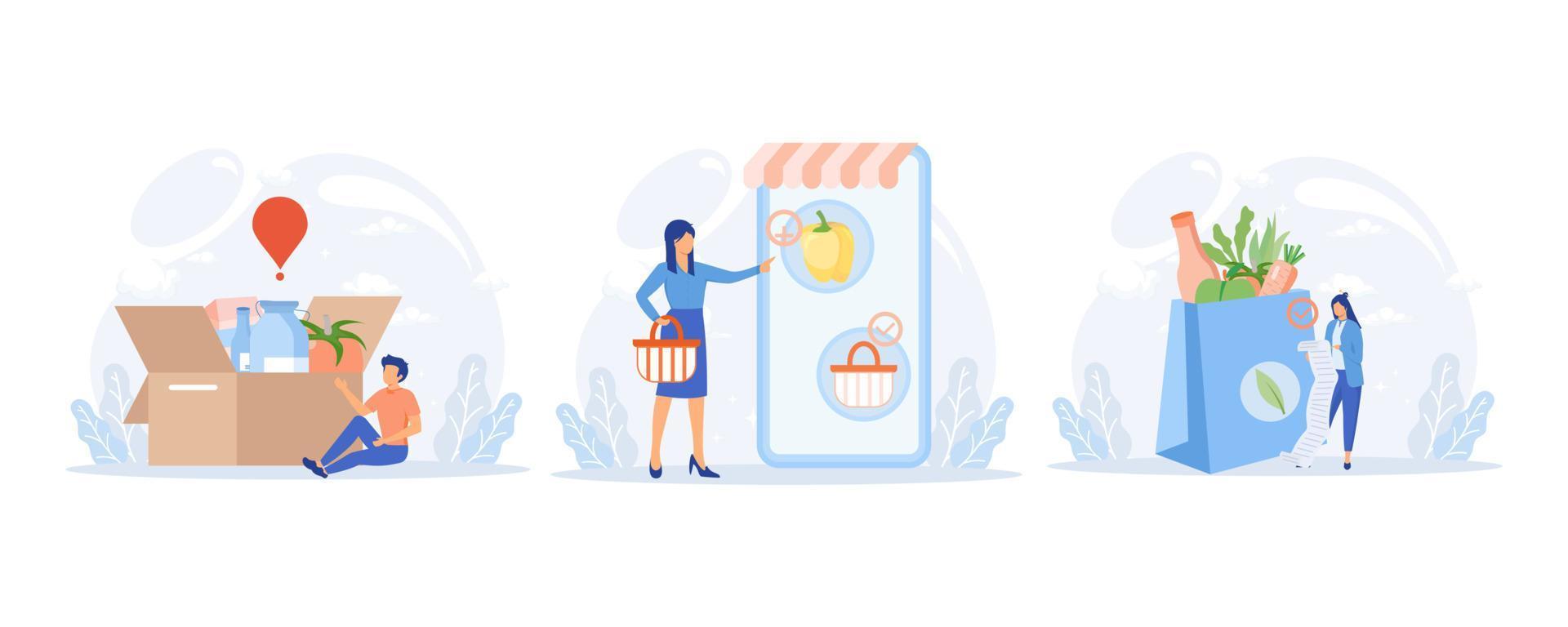 ilustración de comida de supermercado. personaje comprando en línea verduras orgánicas frescas y otros comestibles, pagando un pedido y recibiendo la entrega. impresión de ilustración moderna de vector plano