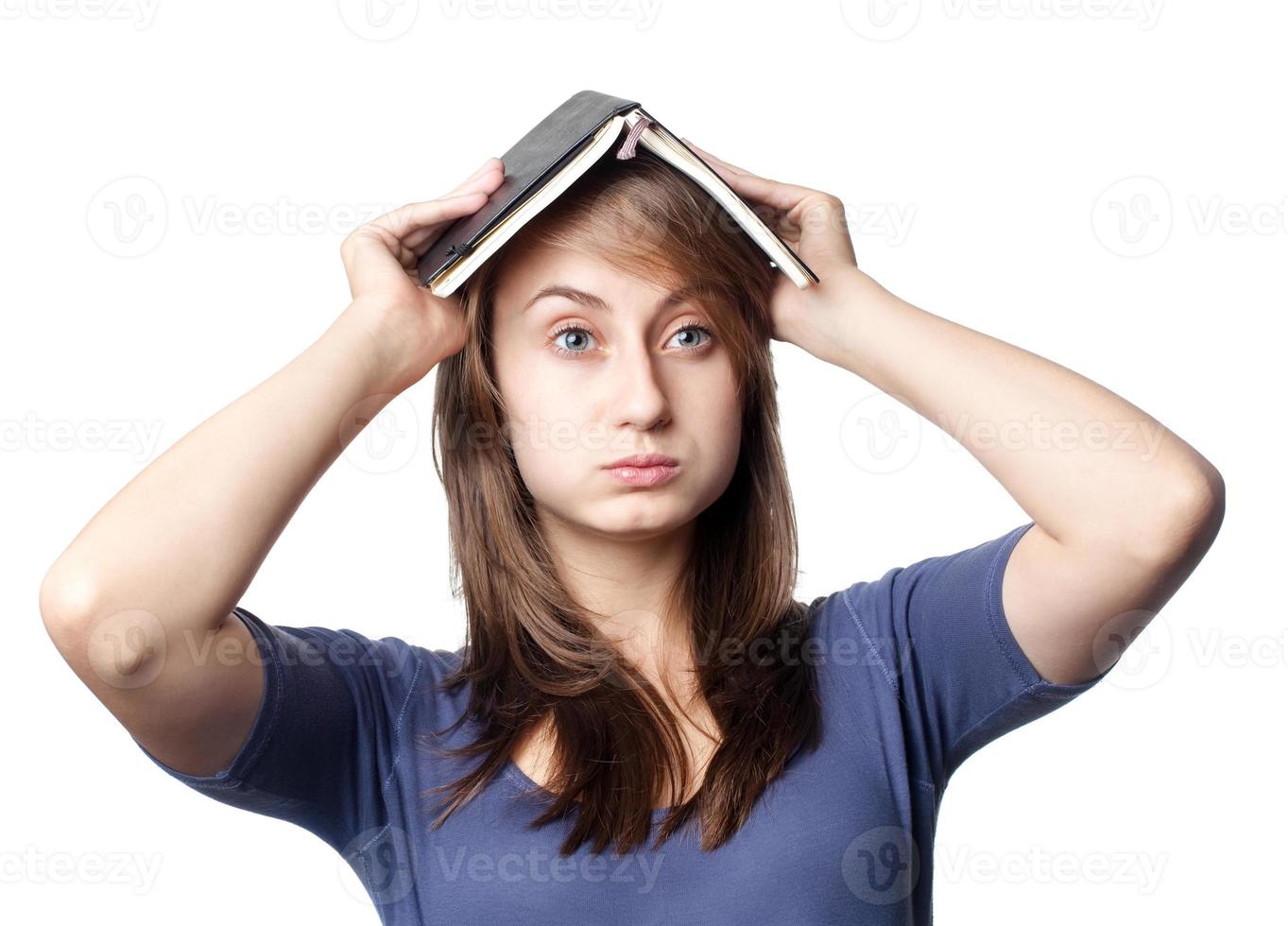Education. Young woman portrait on white photo