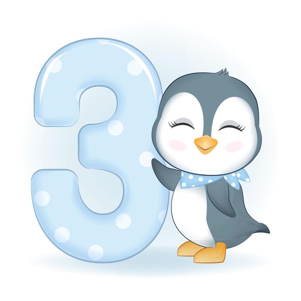 pequeño pingüino lindo y número 3 vector