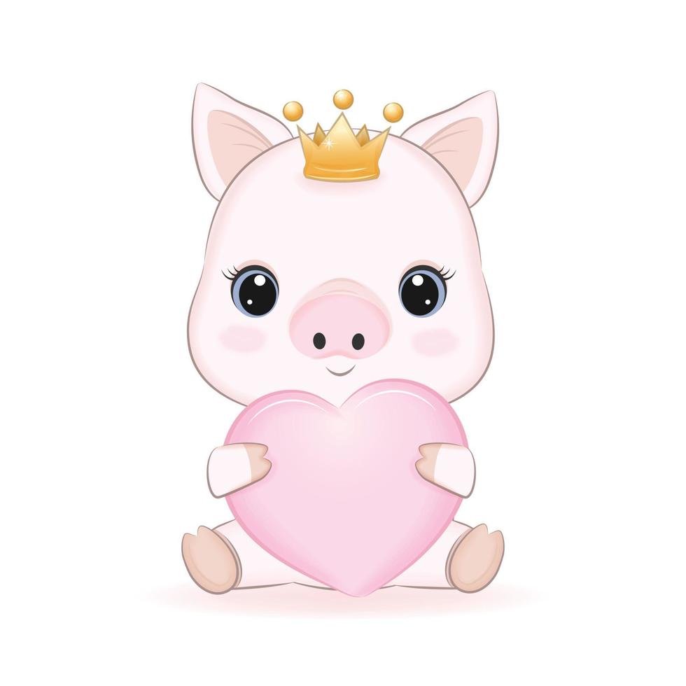 Cute Little Pig and Pink Heart, cartoon illustration vector