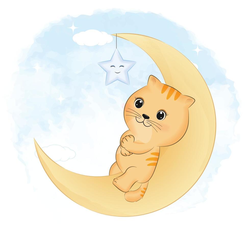 Cute little Orange Cat on the moon animal cartoon illustration vector