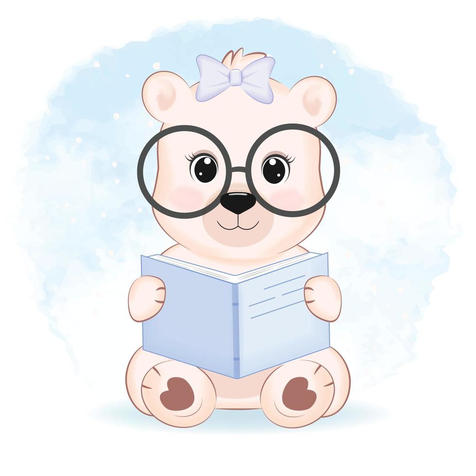 lindo oso y libro, ilustración de dibujos animados de animales vector