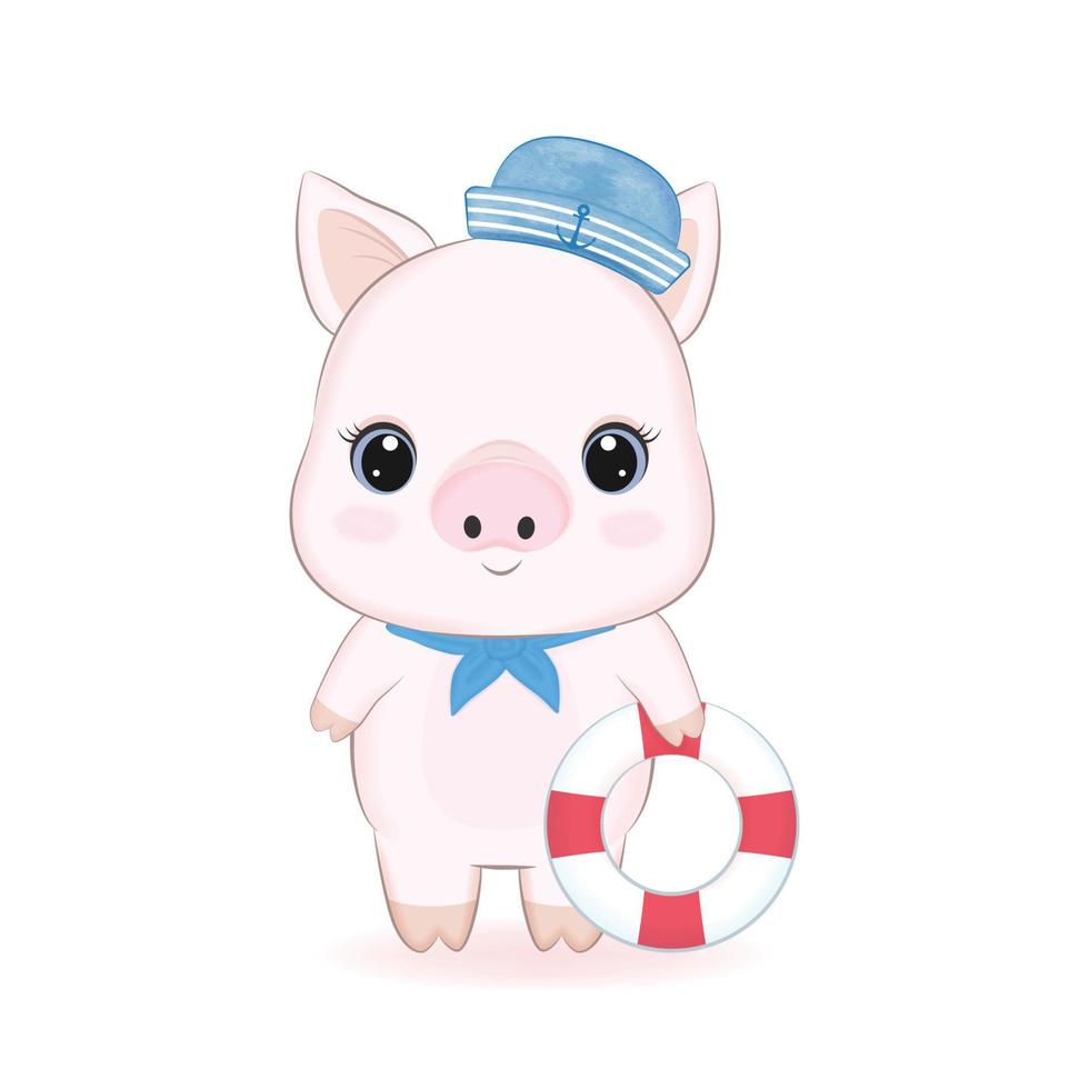 Cute Little Pig sailor and swim ring vector