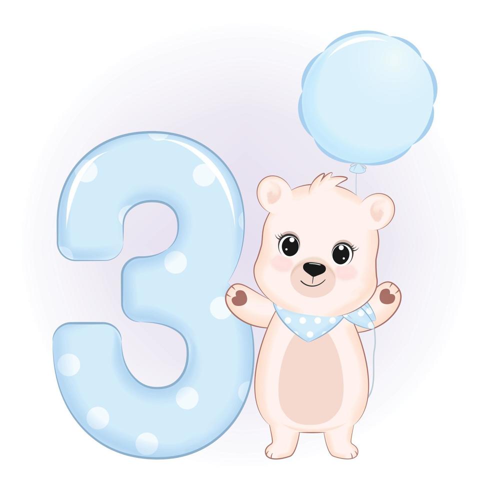 Cute Little Bear, Happy Birthday 3 years old vector