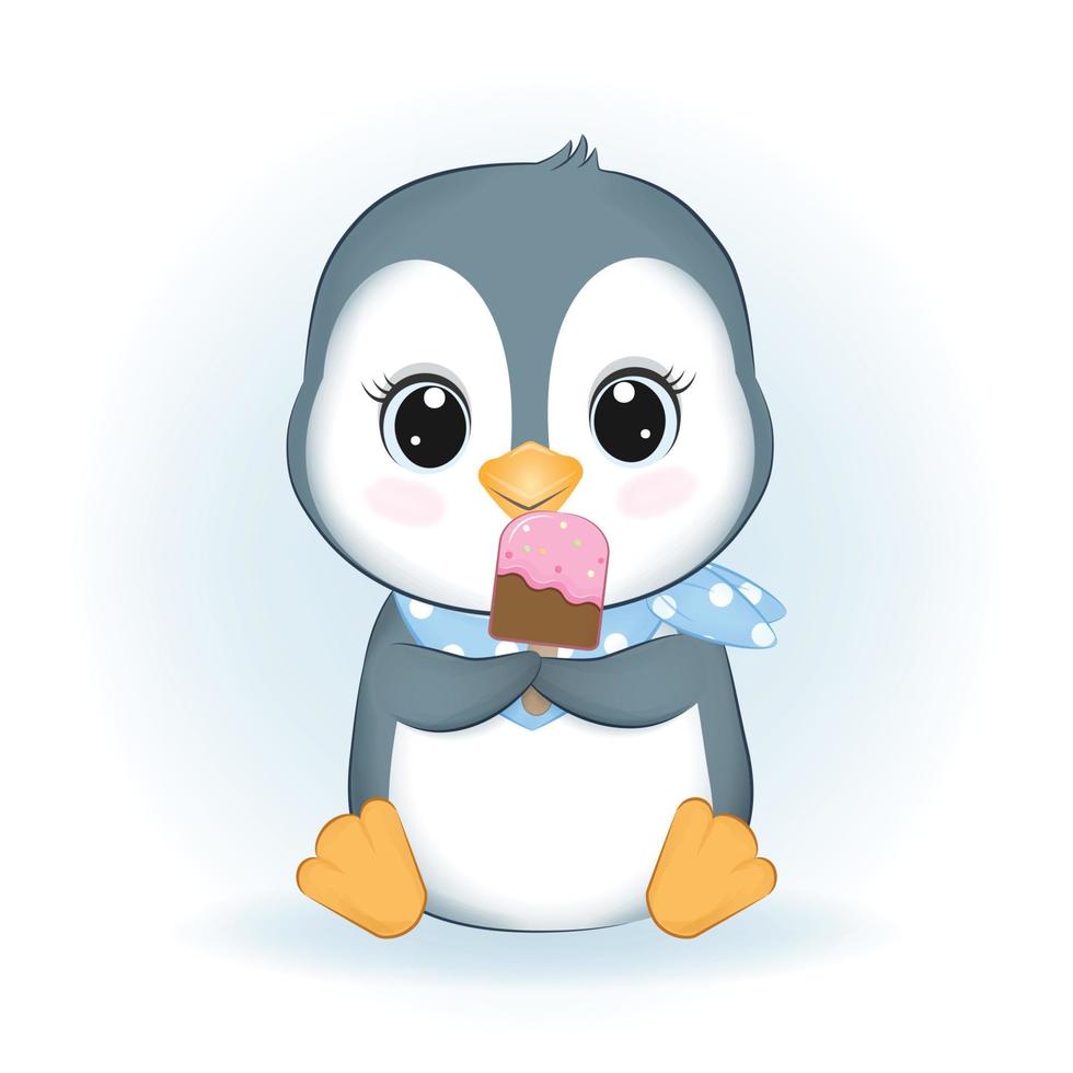 lindo pequeño pingüino y helado animal ilustración de dibujos animados vector