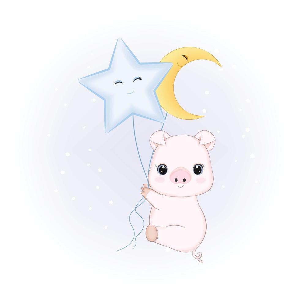 lindo cerdito y globos, ilustración de dibujos animados vector