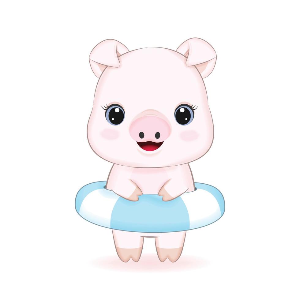 Cute Little Pig with a swim inflatable rubber ring illustration vector