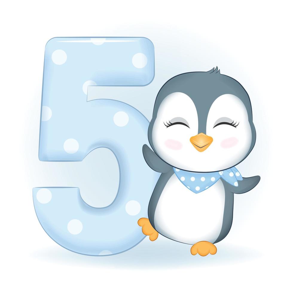 Cute Little Penguin and number 5 vector