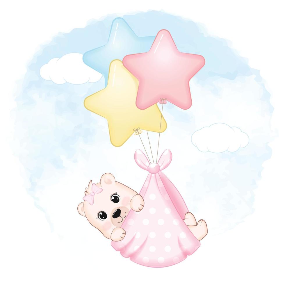 Cute baby bear with balloon newborn cartoon illustration vector