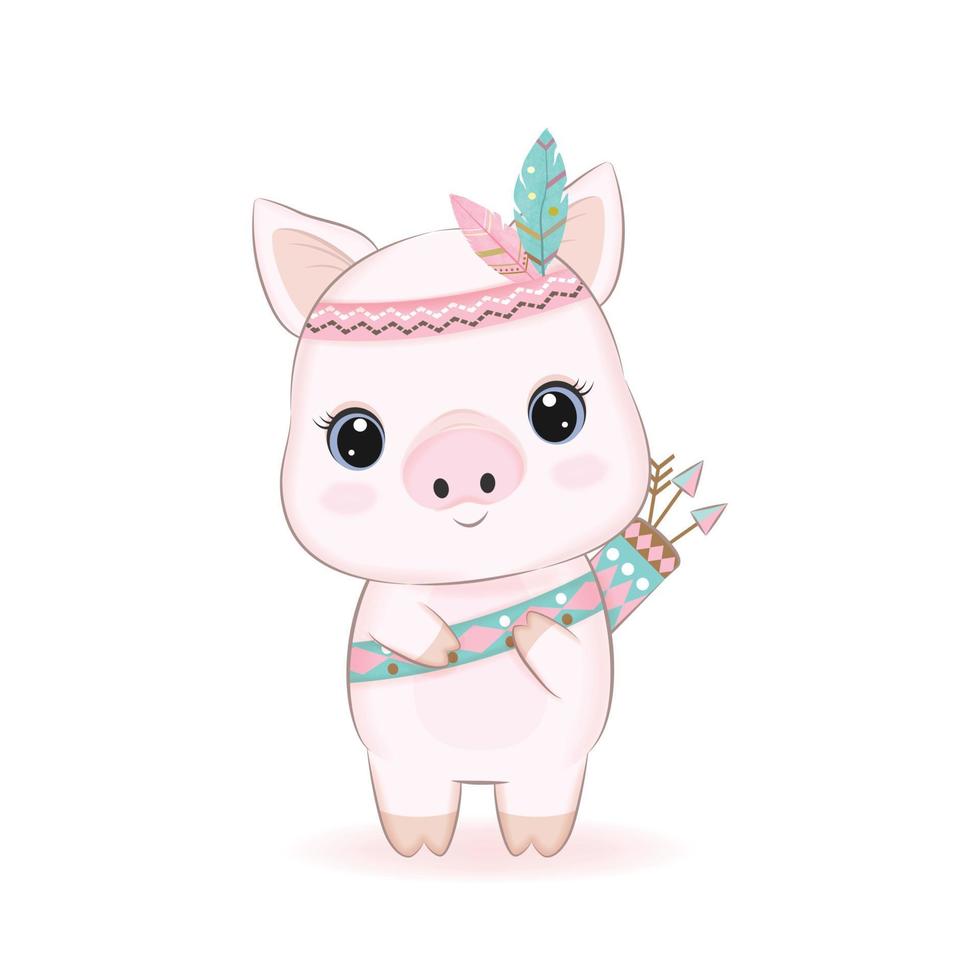 Cute tribal Little Pig with feathers animal illustration vector