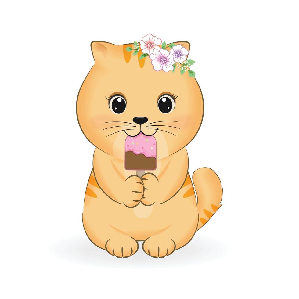 Cute little Orange Cat eating ice cream animal cartoon illustration vector