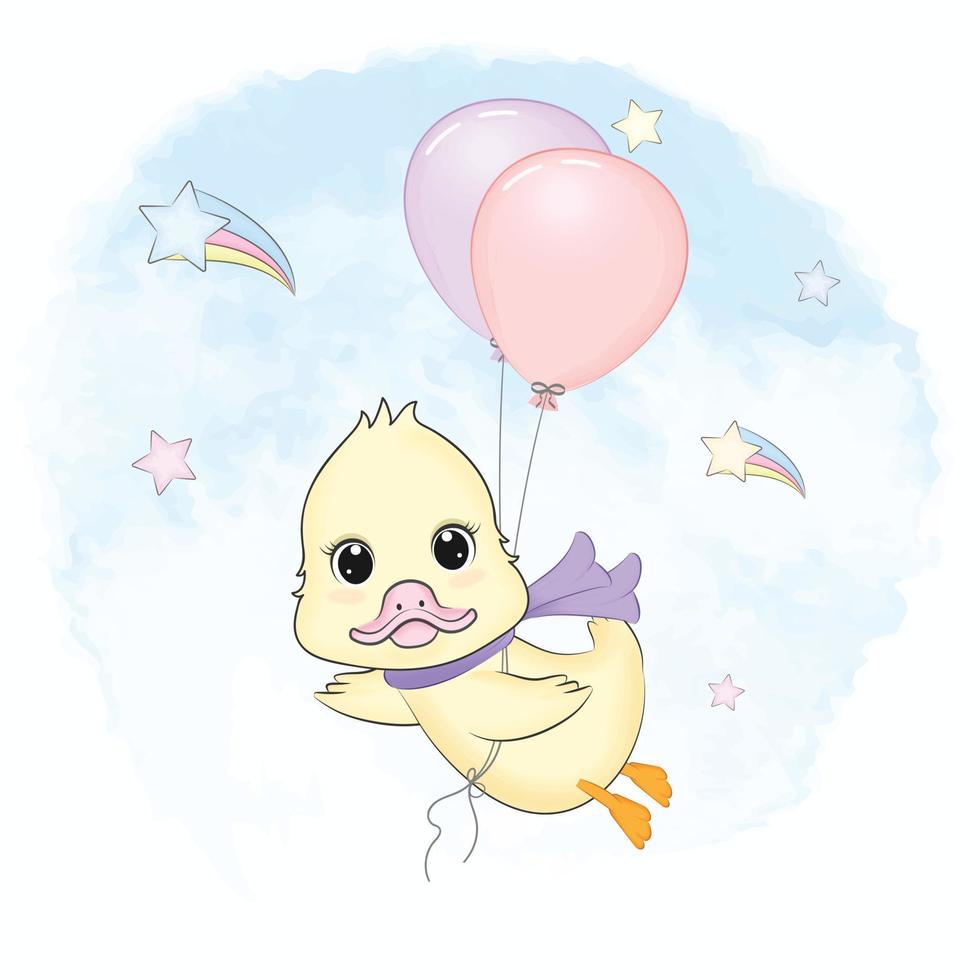 Cute Duck with balloons on the sky vector