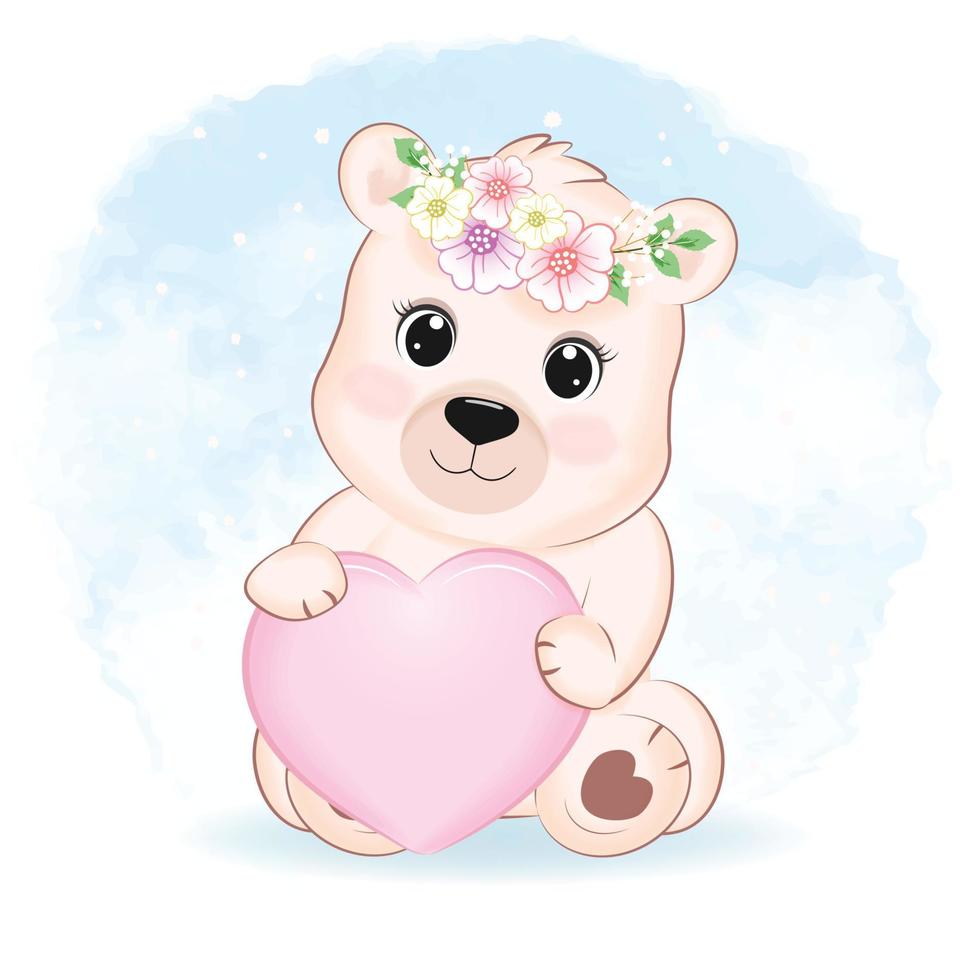 Cute little Bear with pink heart, animal cartoon illustration vector