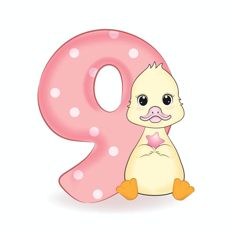 Cute Little Duck with Alphabet Number 9 vector