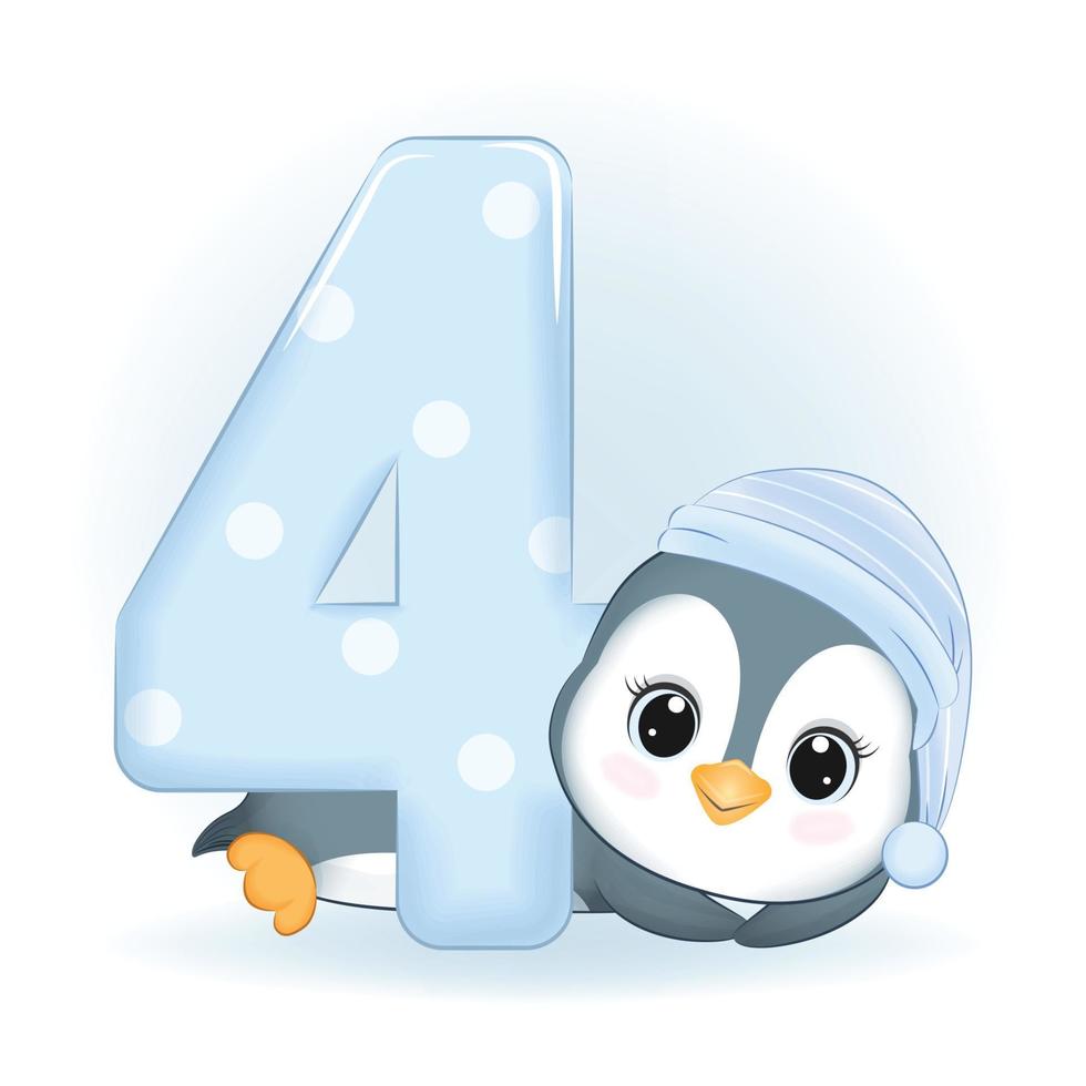 Cute Little Penguin and number 4 vector