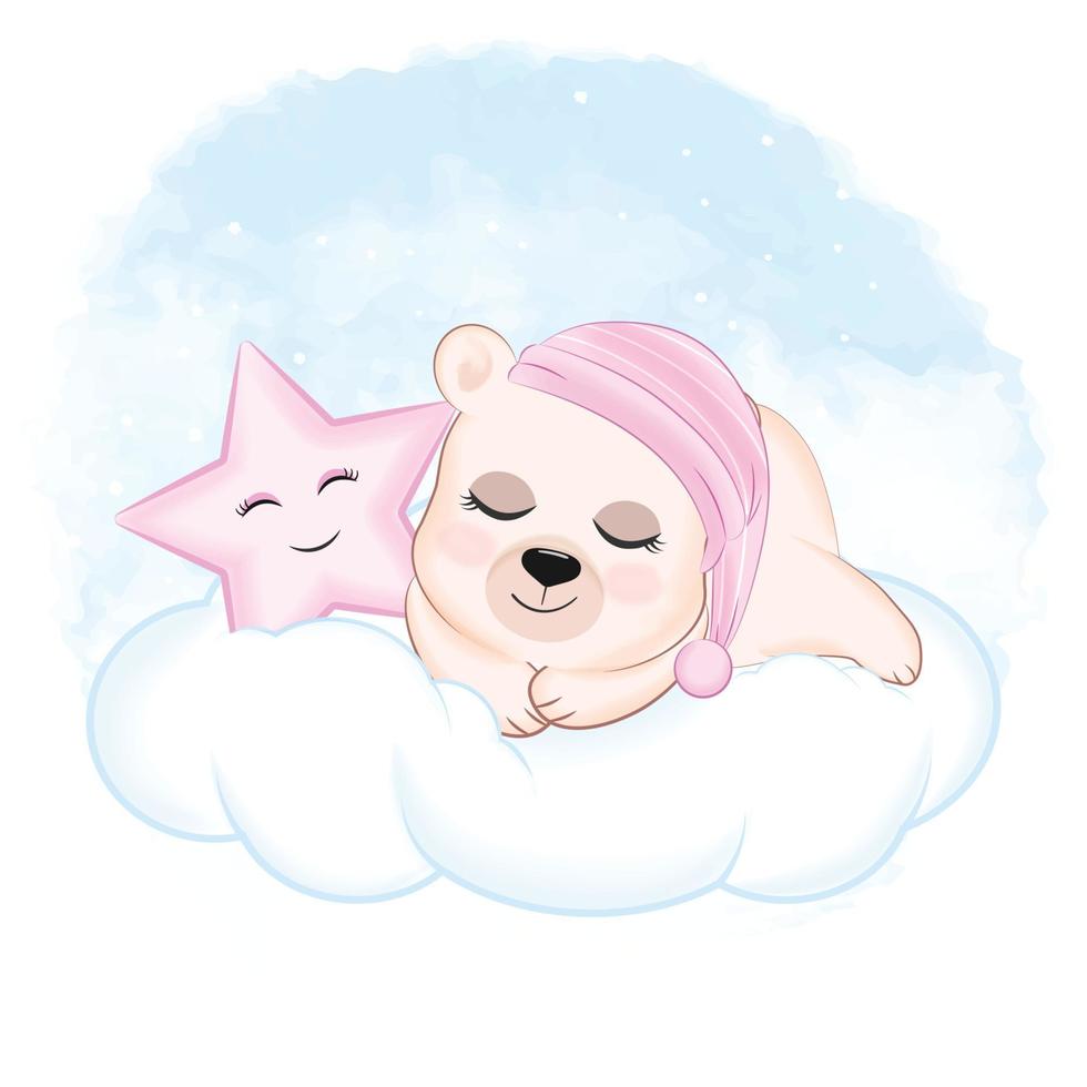 Cute Bear sleeping and star on the cloud , animal cartoon illustration vector