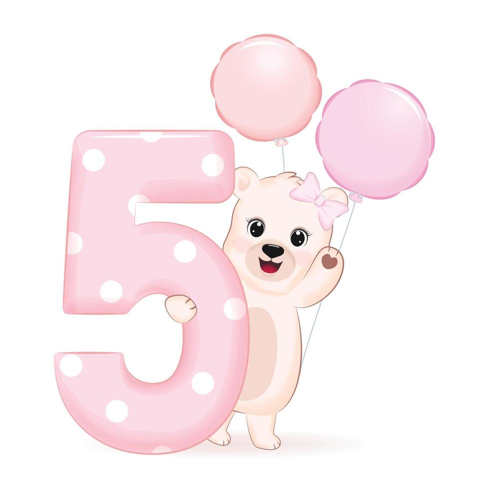 Cute Little Bear and balloon, Happy Birthday 5 years old vector