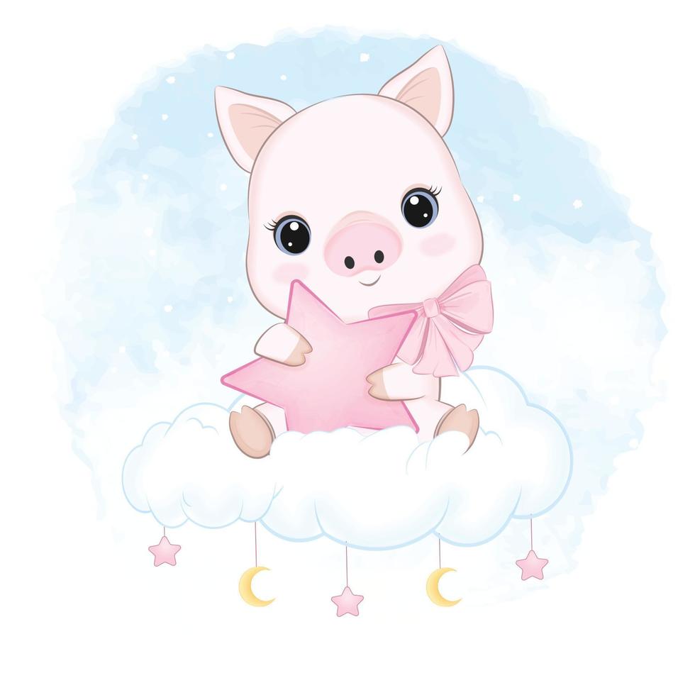 Cute Little Pig sitting on the cloud, cartoon illustration vector