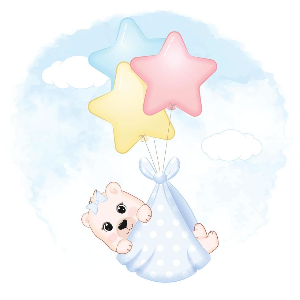 lindo bebé oso con globo recién nacido ilustración de dibujos animados vector
