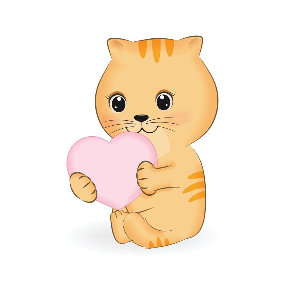 lindo pequeño gato naranja y corazón animal ilustración de dibujos animados vector