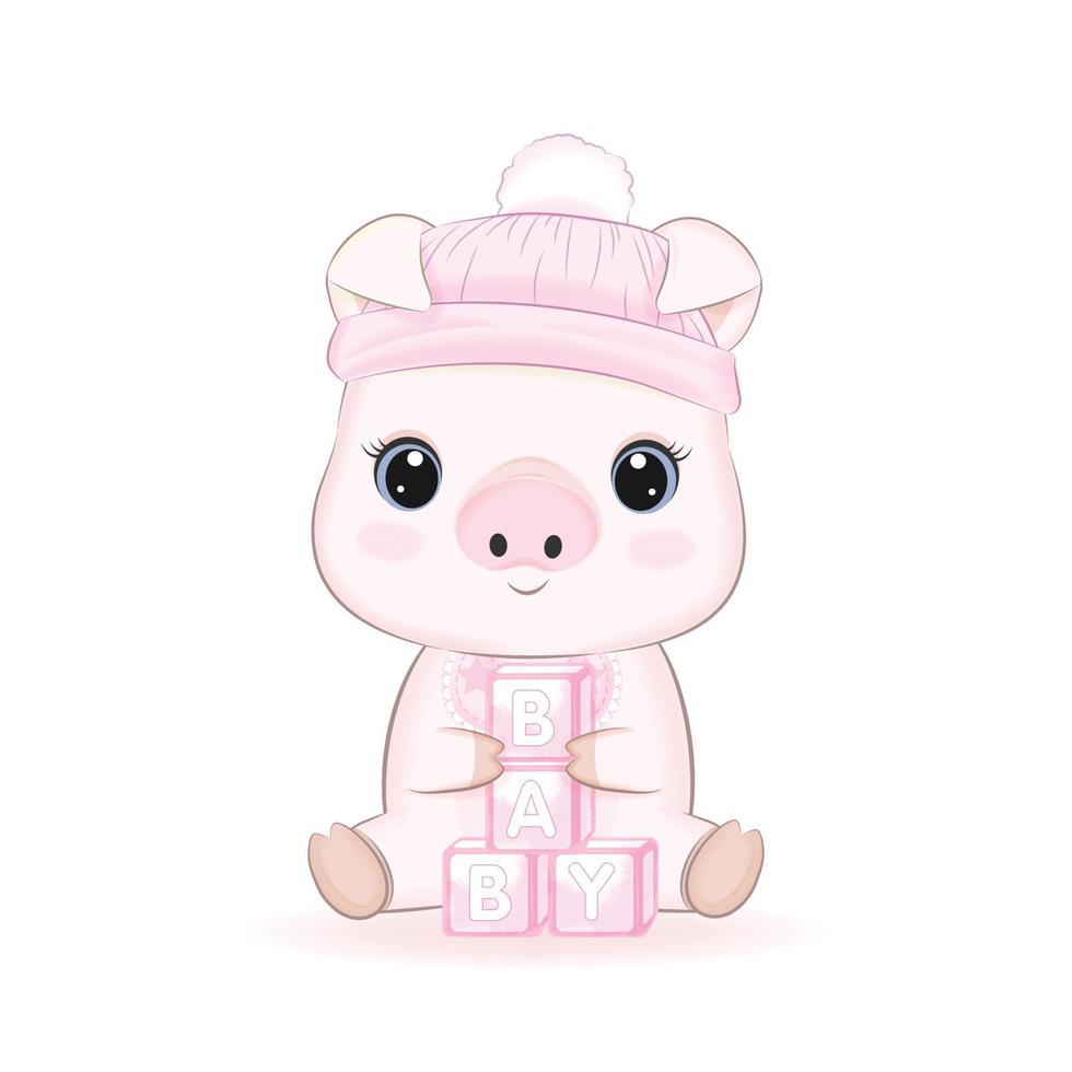 Cute Little Pig and baby blocks cartoon illustration vector