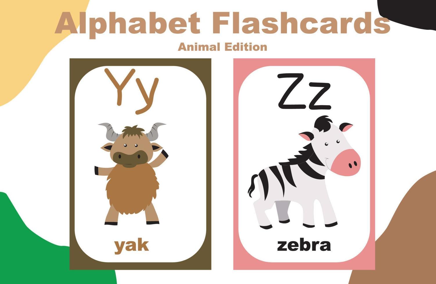 Vector set alphabet flashcard with animal theme. Educational printable worksheet. Cute animal worksheet theme. Vector illustrations.