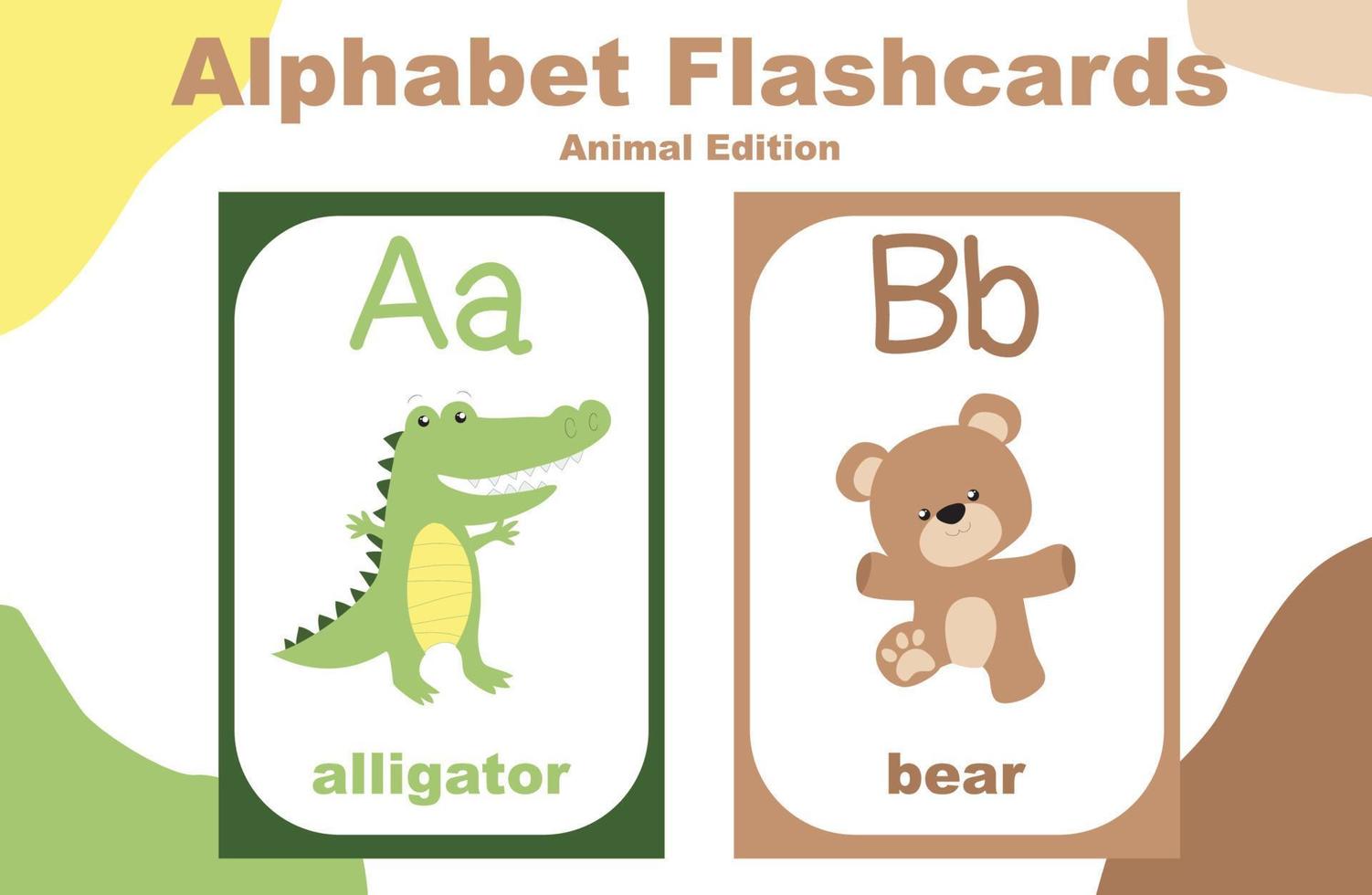 Vector set alphabet flashcard with animal theme. Educational printable worksheet. Cute animal worksheet theme. Vector illustrations.