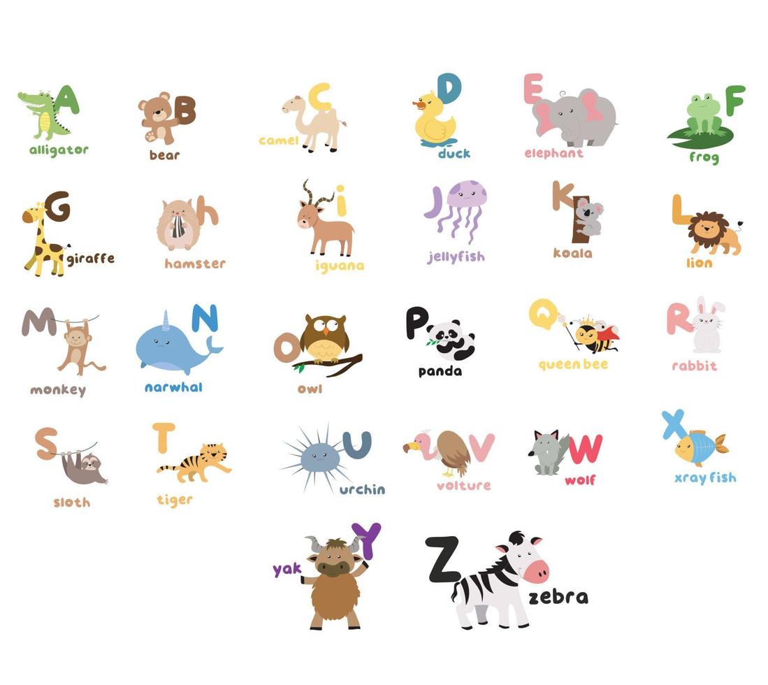 cartel de animales coloridos. hoja de trabajo imprimible educativa para niños. ilustraciones vectoriales. vector